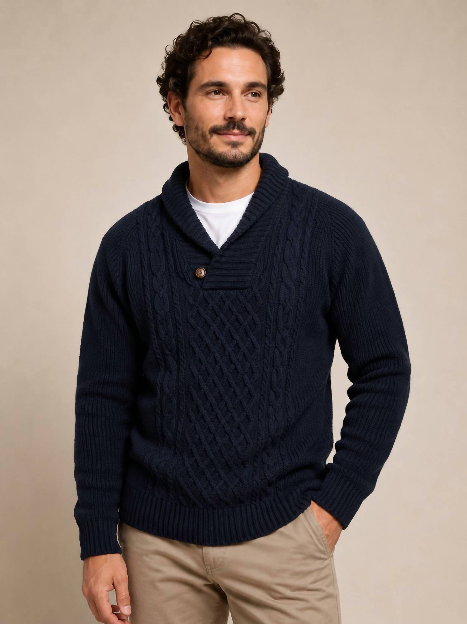 Smf - Shawl Collar Pullover Cable Knit Sweater
