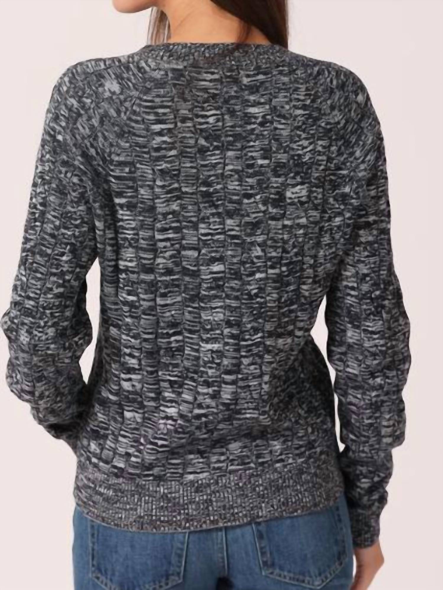 Minnie Rose Cotton Marled Cable Crew Top in navy white 1 - women's sweater - detail view