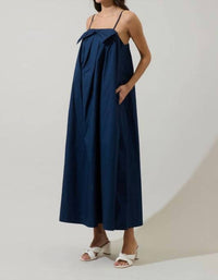 SUGARLIPS Melly Pleated Bow Maxi Dress in navy - women's dress - detail view