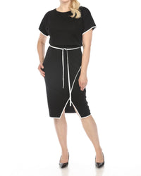 Joseph Ribkoff - Contrast Trim Waist Tie Front Slit Sheath Dress