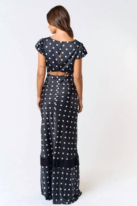 Blue Blush - Satin Polka Dot Lacy Maxi Dress