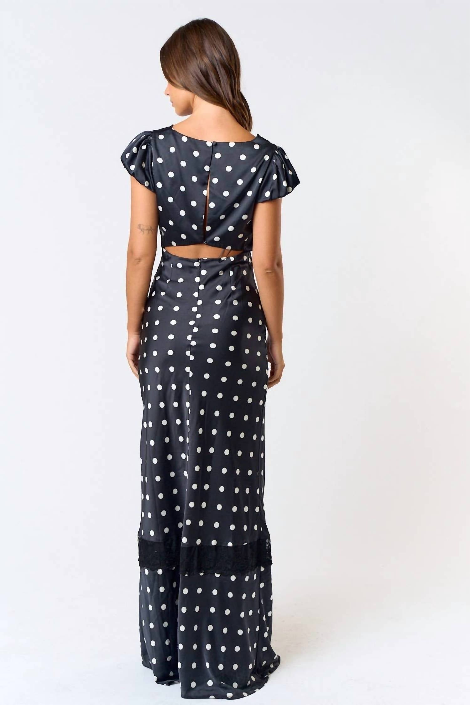Blue Blush - Satin Polka Dot Lacy Maxi Dress