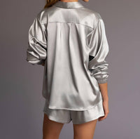 HEROINE SPORT Satin Snap Closure Shirt in silver - women's shirt - detail view