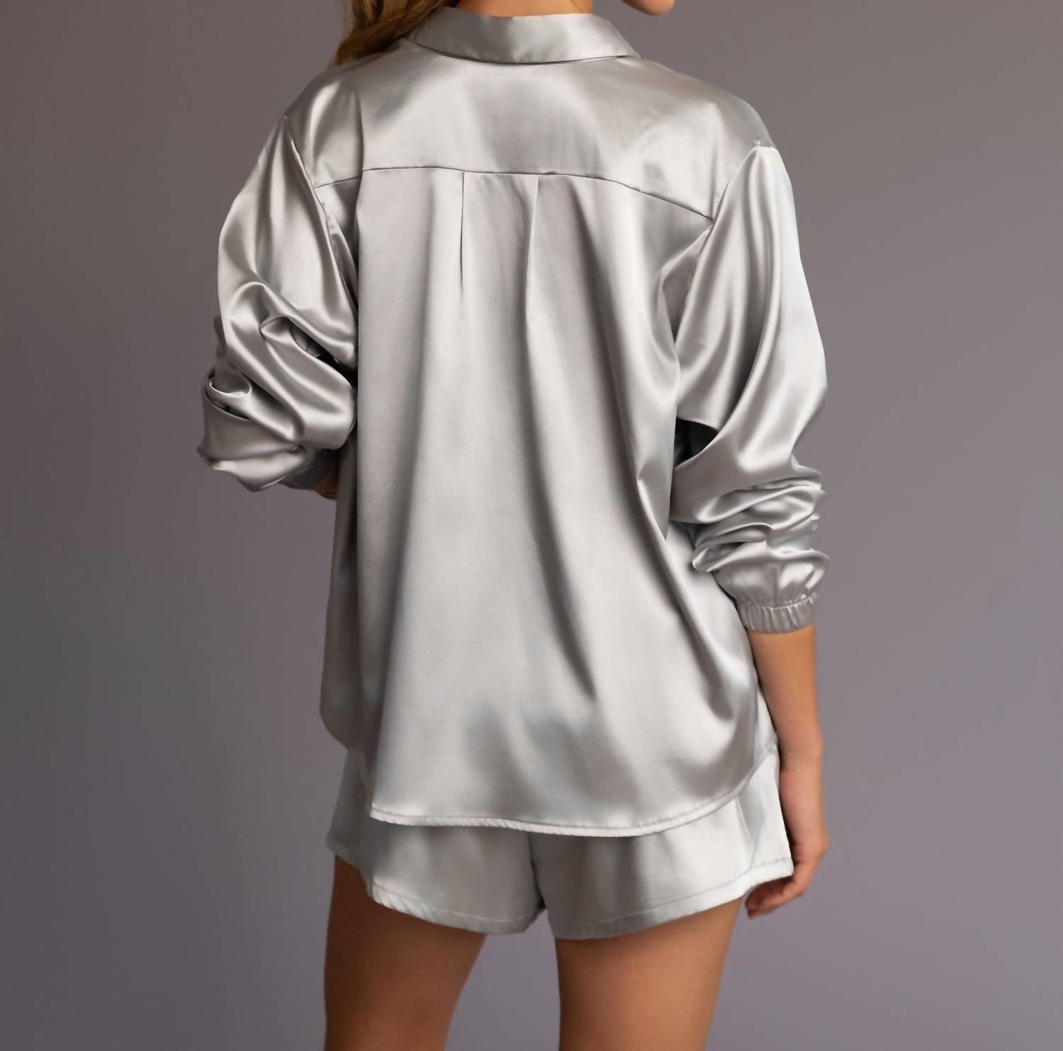 HEROINE SPORT Satin Snap Closure Shirt in silver - women's shirt - detail view