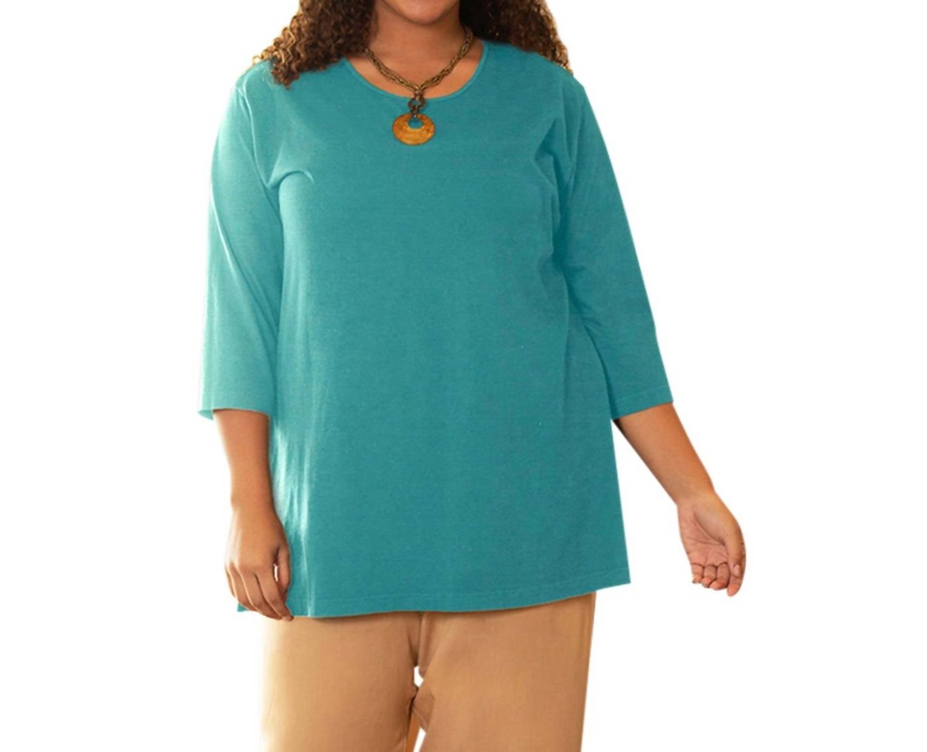 On The Plus Side - Cotton U-Neck 3/4 Sleeve Tee - Plus