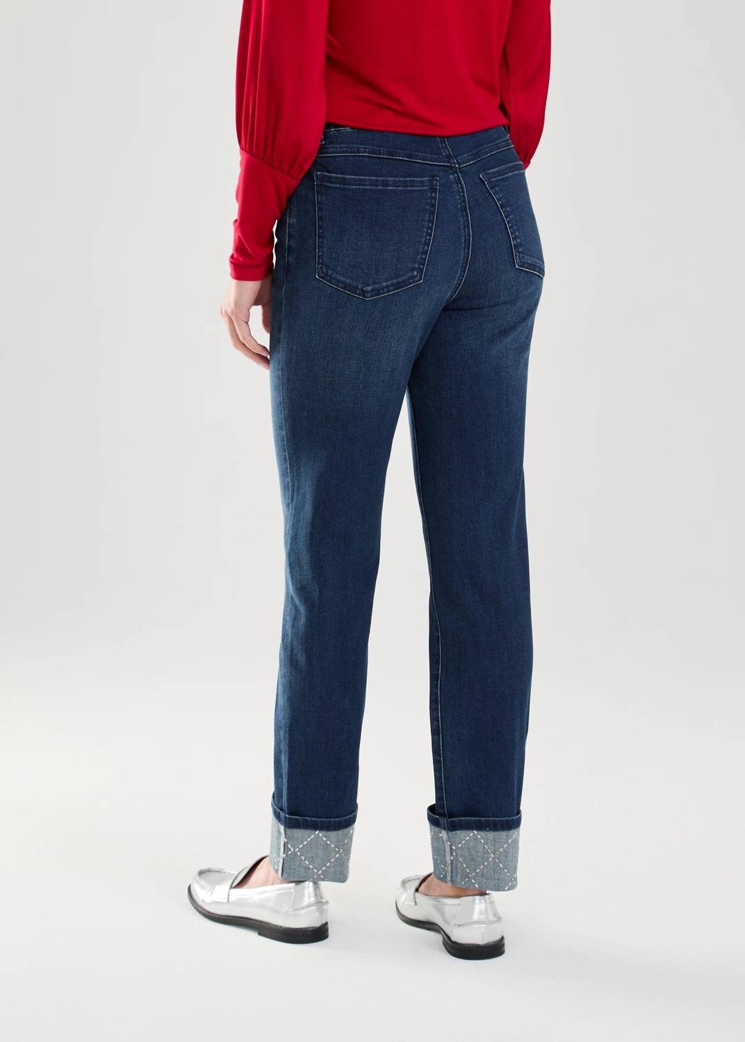 FDJ Pilar Pull-on Cuffed Straight Ankle Denim Jeans in dark vintage - women's jeans - detail view