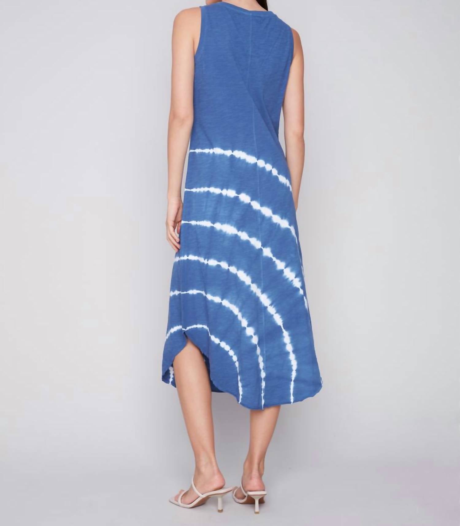 CHARLIE B Tie Dye Sleeveless V-neck Cotton Dress in denim - women's dress - detail view