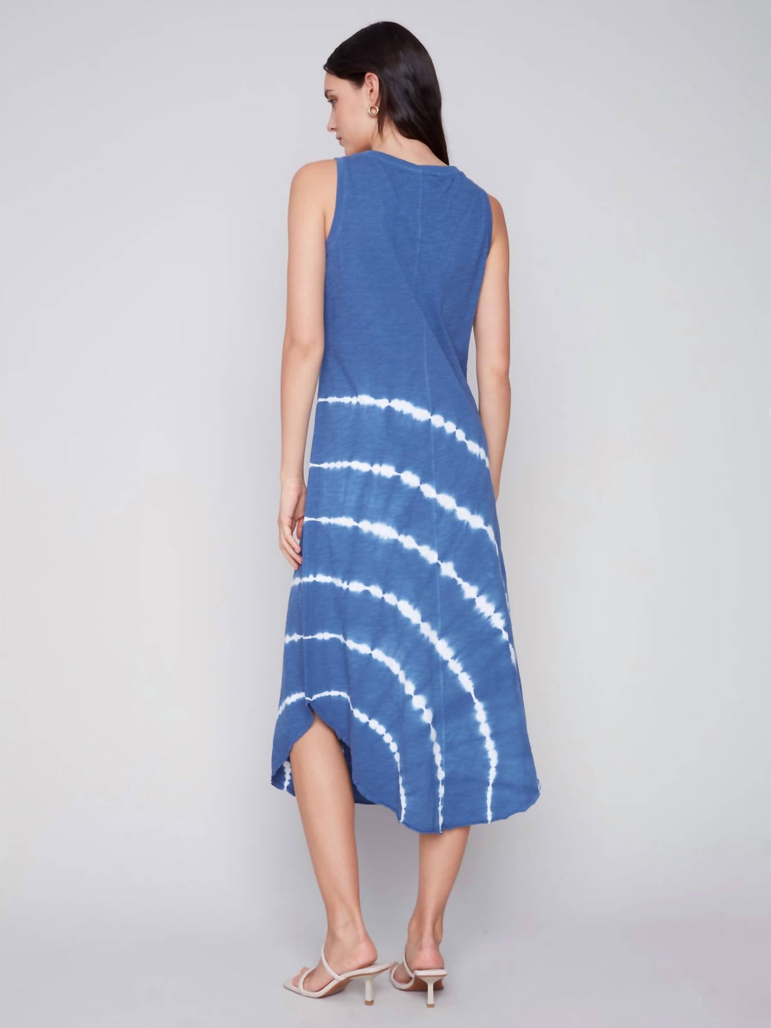 CHARLIE B Tie Dye Sleeveless V-neck Cotton Dress in denim - women's dress - alternate view
