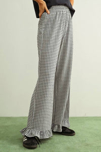 MIOU MUSE Crinkled Gingham Printed Pants With Ruffle Hem in black - women's pants - alternate view