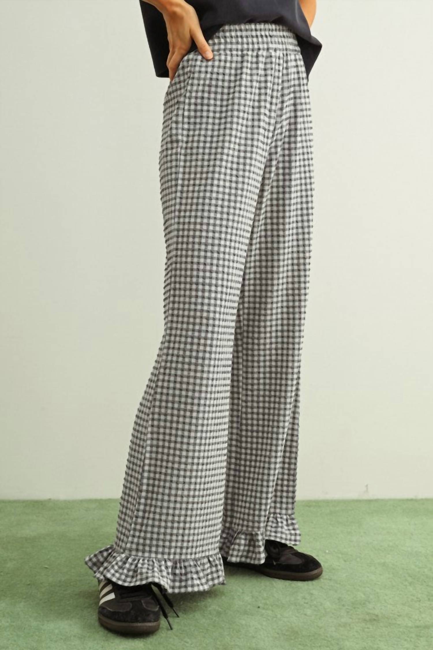MIOU MUSE Crinkled Gingham Printed Pants With Ruffle Hem in black - women's pants - alternate view