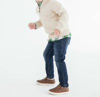 RuffleButts Knit Quarter Zip Sweater in heather oatmeal - kids' sweater - detail view