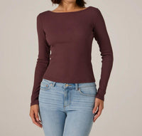7Diamonds Modal Ribbed Boatneck Top in walnut - women's long sleeve top - detail view