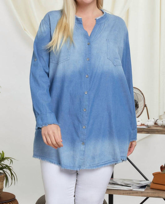 Rustic Fringe Hem Chambray Shirt Plus Dress