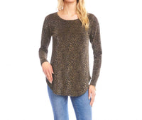 Karen Kane Long Sleeve Metallic Knit Shirttail Top - Petite in leopard - women's long sleeve top