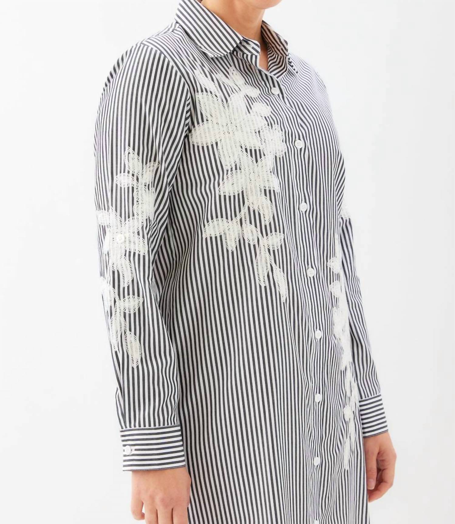 Karen Kane - Roll-Tab Stripe Embroidered Shirtdress