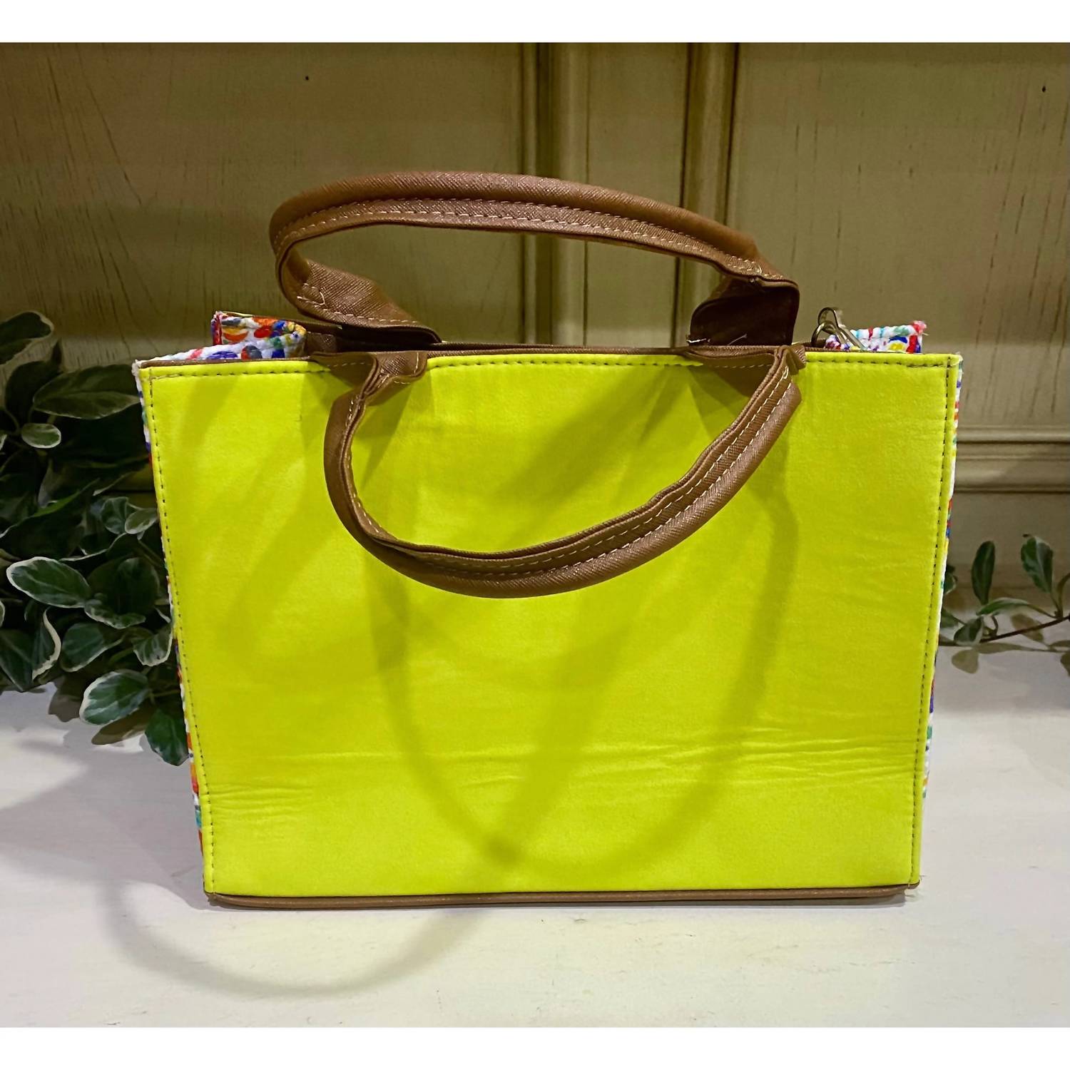 GMCE Global Trading Women's Artisanal Embroidered Look Leather Tote Bag in lime - women's bag - view 4