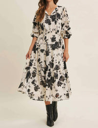 In February - Dreamy Jacquard Floral Midi Dress With Statement Sleave