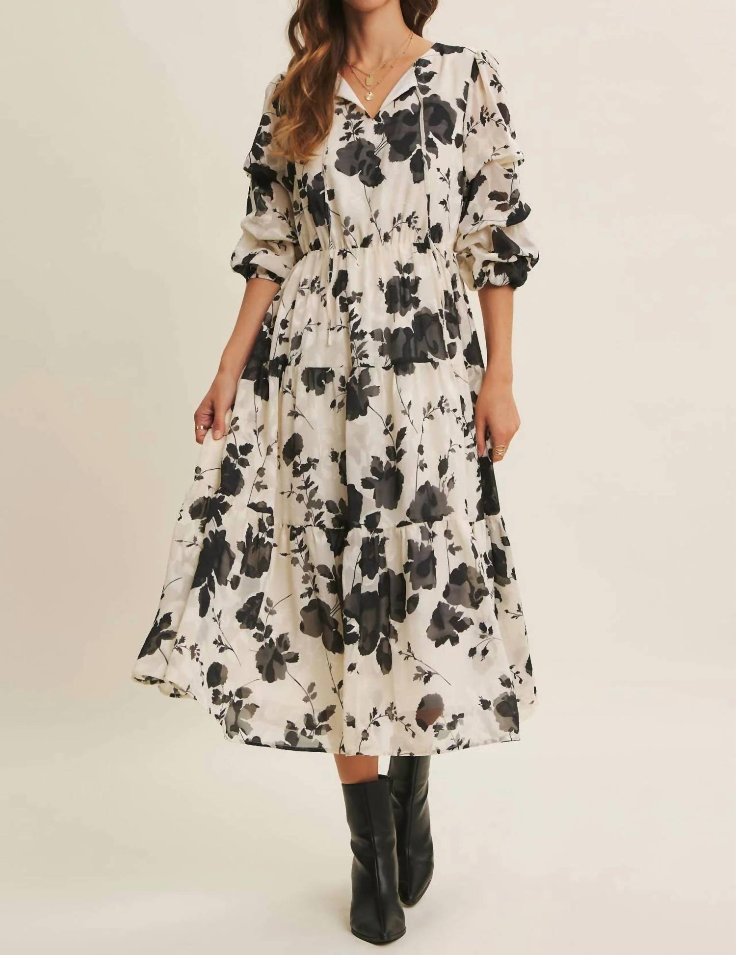 In February - Dreamy Jacquard Floral Midi Dress With Statement Sleave