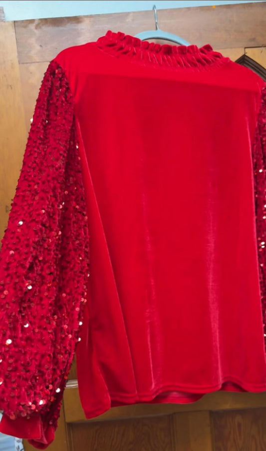 Haptics - Women's Mock Neck Sequins Velvet Color Block Bubble Long Sleeve Solid Top - Plus