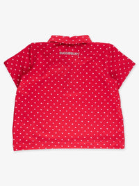 RuffleButts Boy's Heart Polka Dot Short Sleeve Performance Polo in red - kids' shirt - detail view