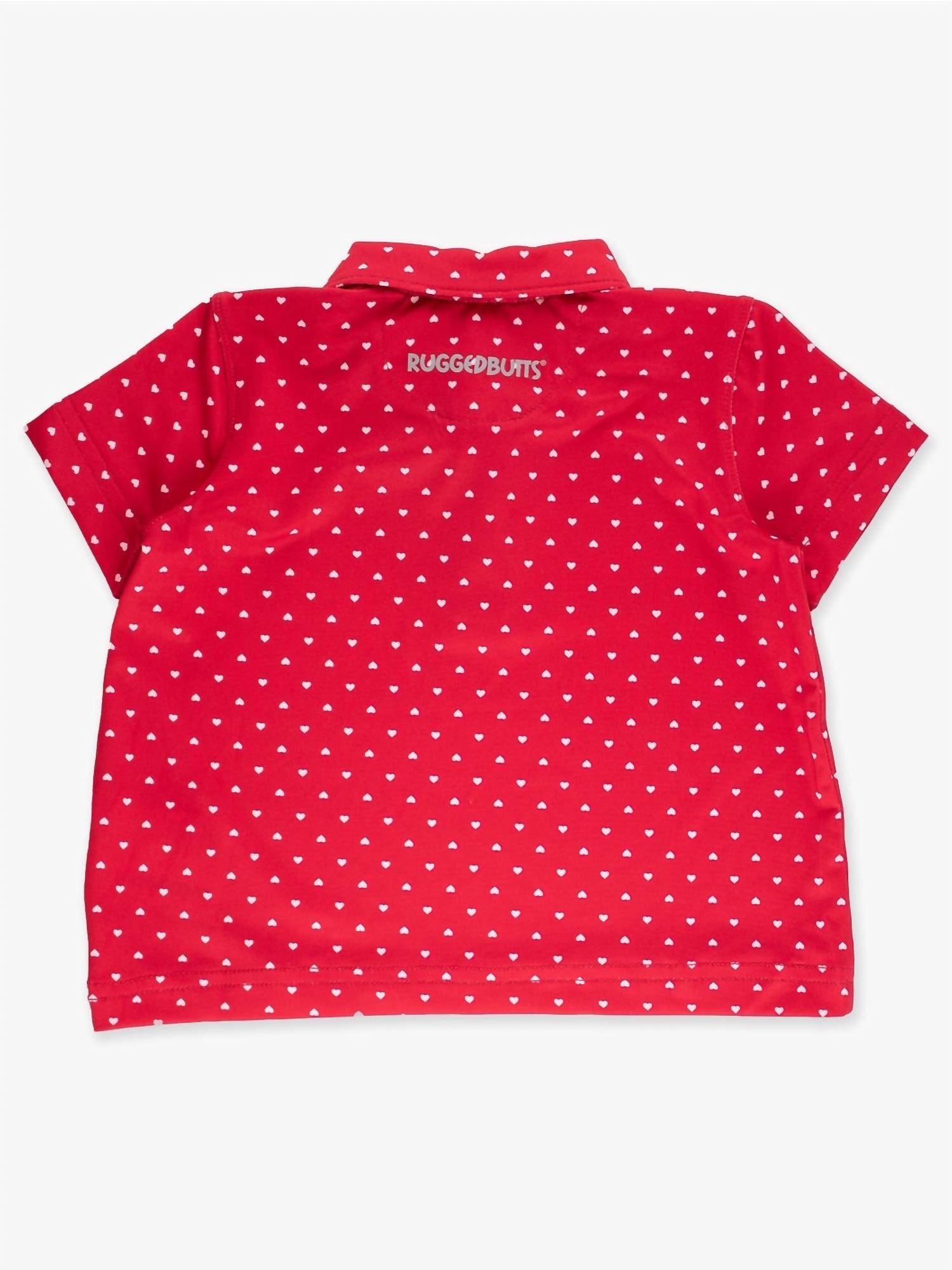 RuffleButts Boy's Heart Polka Dot Short Sleeve Performance Polo in red - kids' shirt - detail view