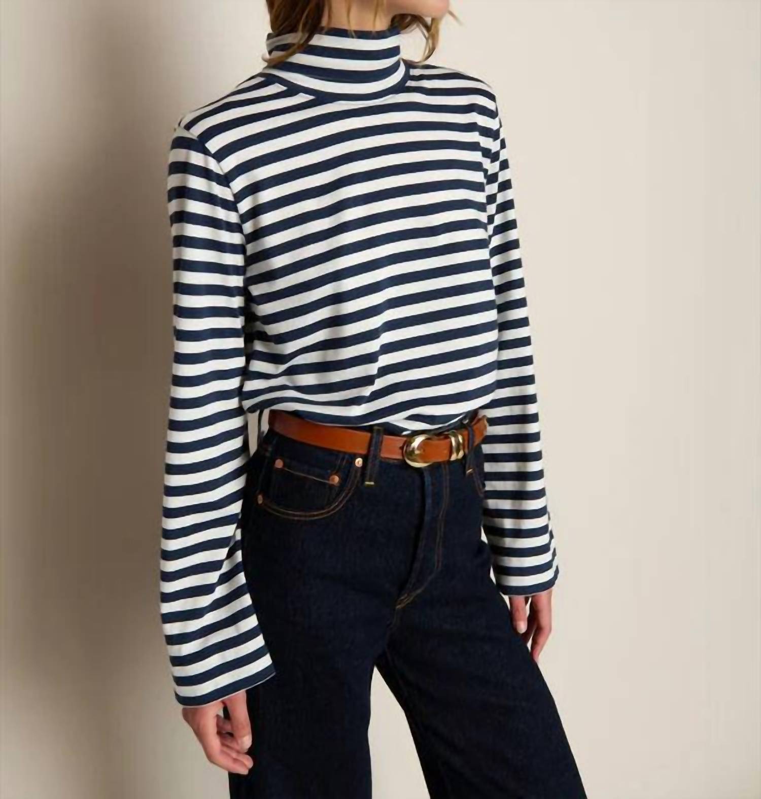 Nation LTD Neo Mock Neck T-shirt in seascape stripe - women's long sleeve top - alternate view
