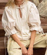 Pol - Tie Accent Puff Sleeves Top