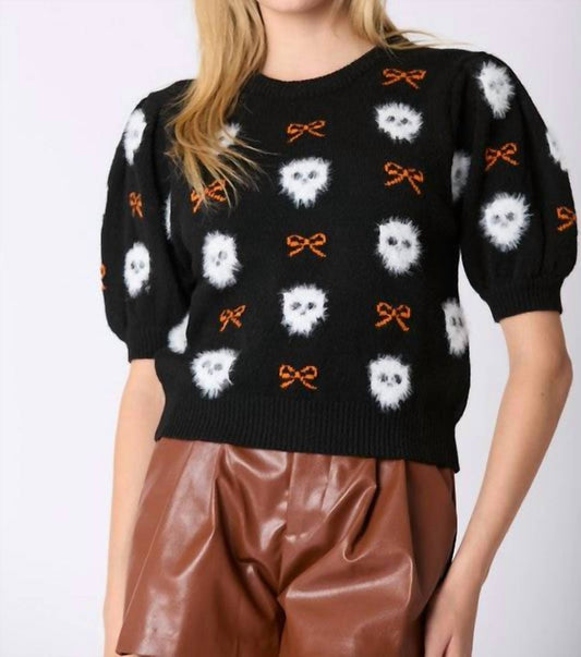 Peach Love - Fur Skeleton and Bow Puff Sleeve Sweater