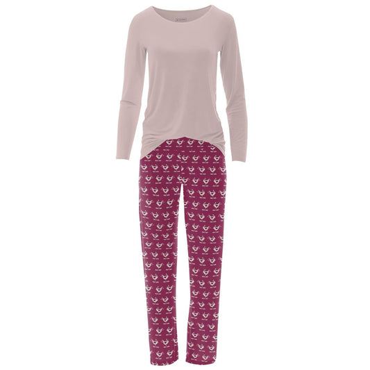 Kickee - Women's Bamboo Print Long Sleeve Loosey Goosey Tee & Pajama Pants Set