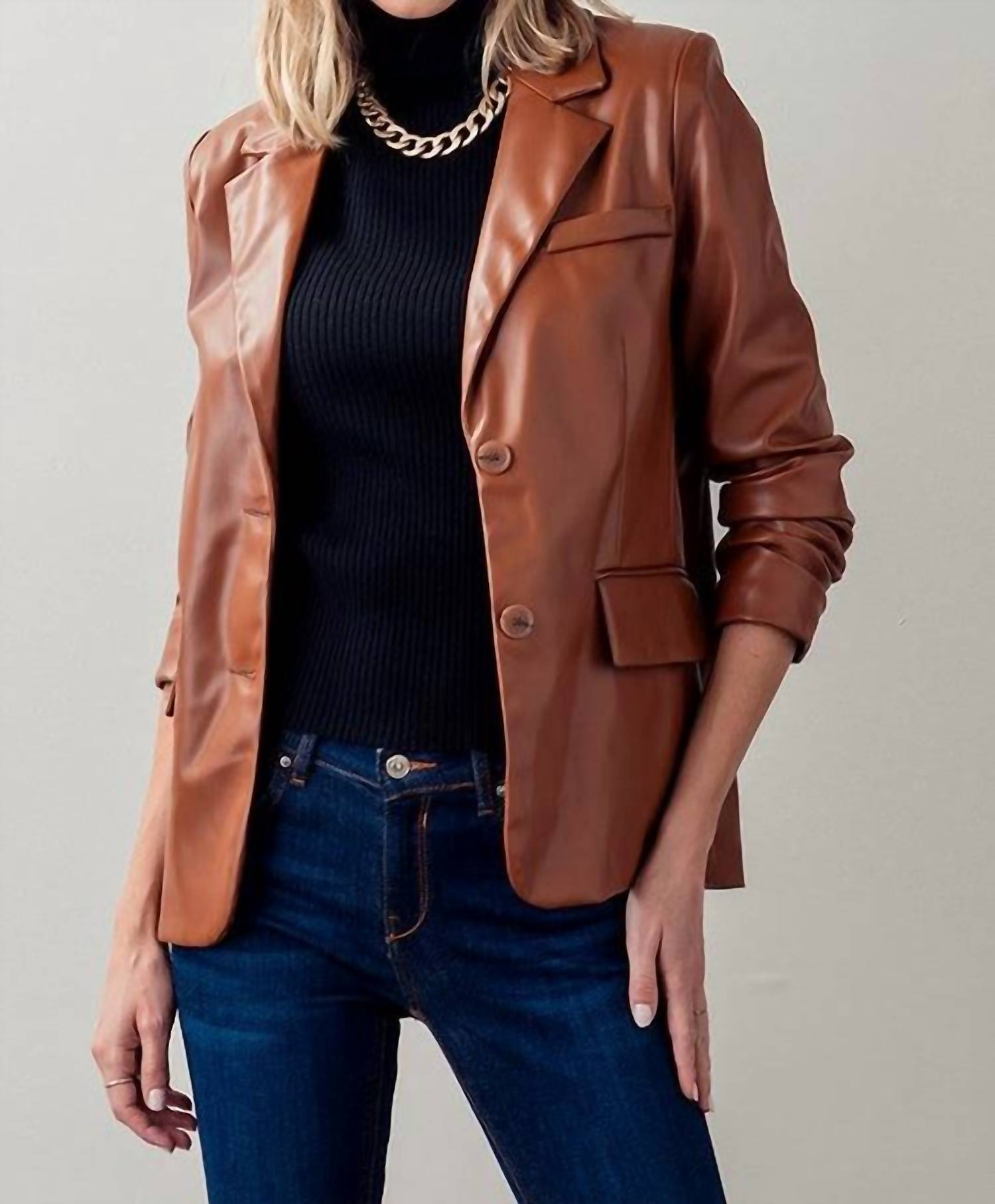Love Tree - Faux Leather Lapel Neck Single Breasted Blazer