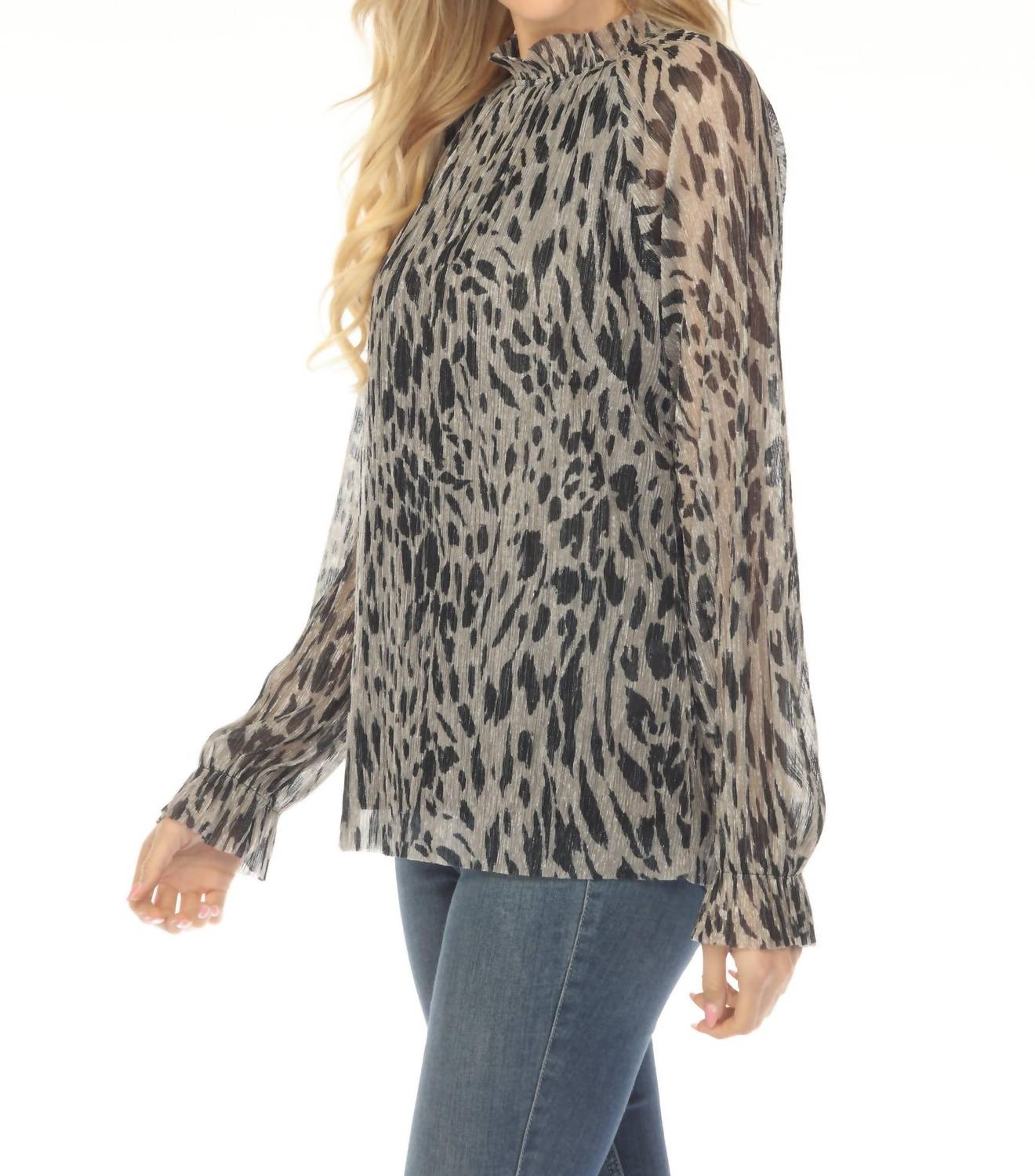 Joseph Ribkoff - Animal Print Pleated Metallic Mesh Blouse
