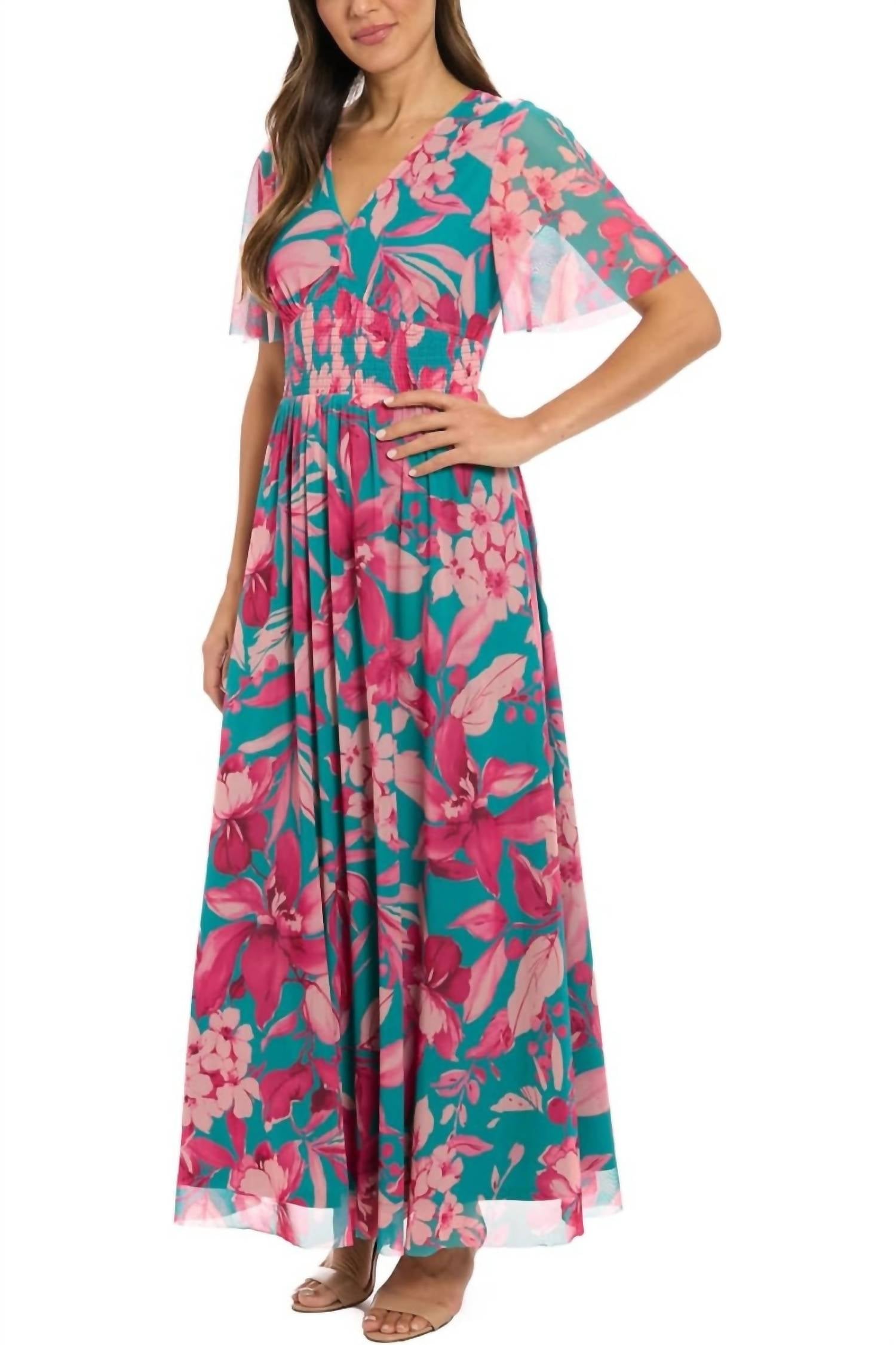London Times - Botanical Smocked Waist A-line Trimmed Hem Maxi Dress