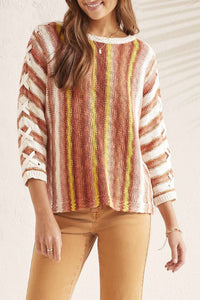 TRIBAL 3/4 Sleeve Lace Up Boat Neck Sweater in brandy multi - women's sweater