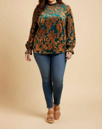 Hayden La - Paisley Burnout Velvet Ruffle Neck Top