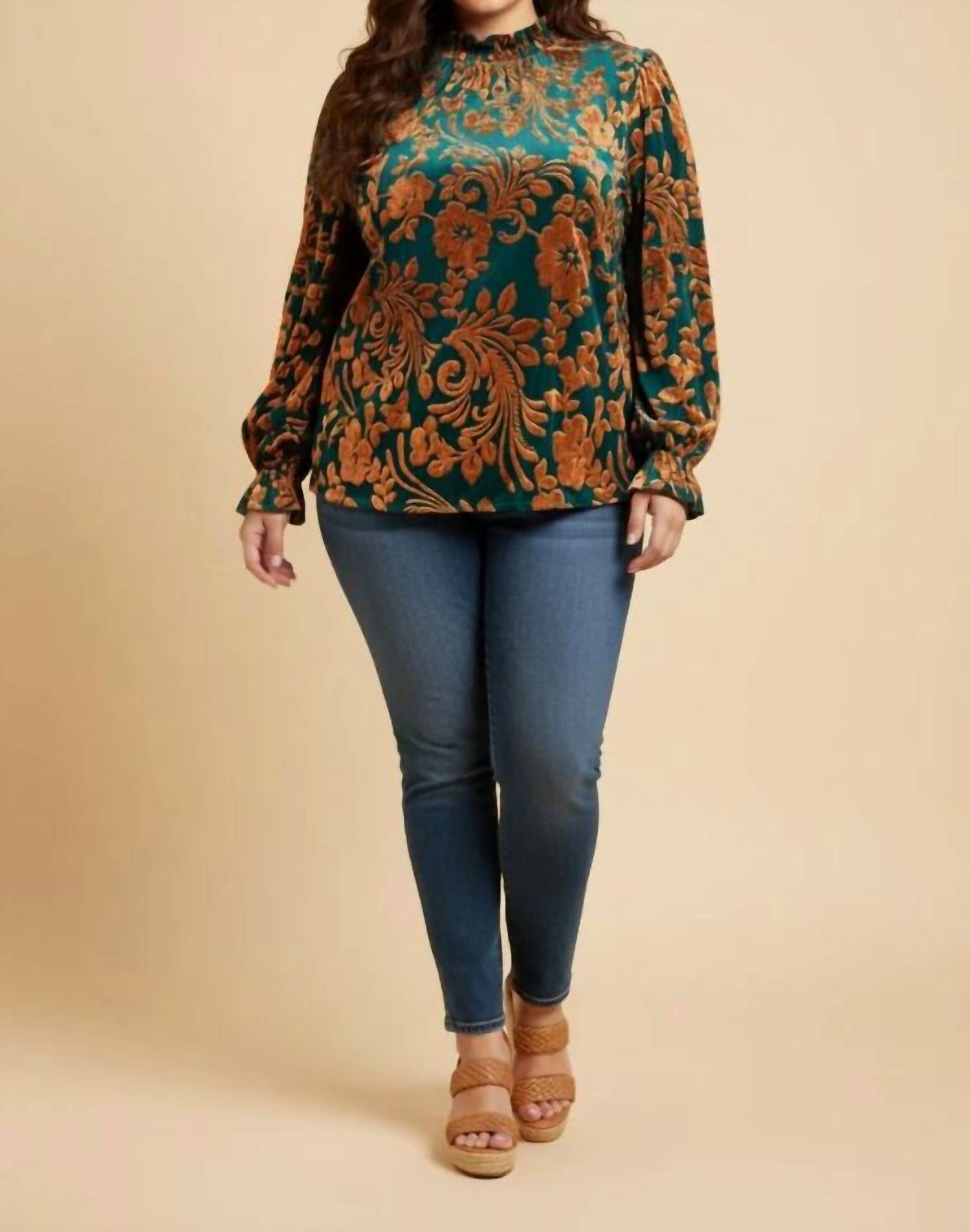 Hayden La - Paisley Burnout Velvet Ruffle Neck Top