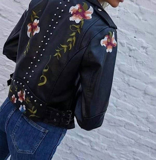 Miss Sparkling - Faux Leather Floral Jacket