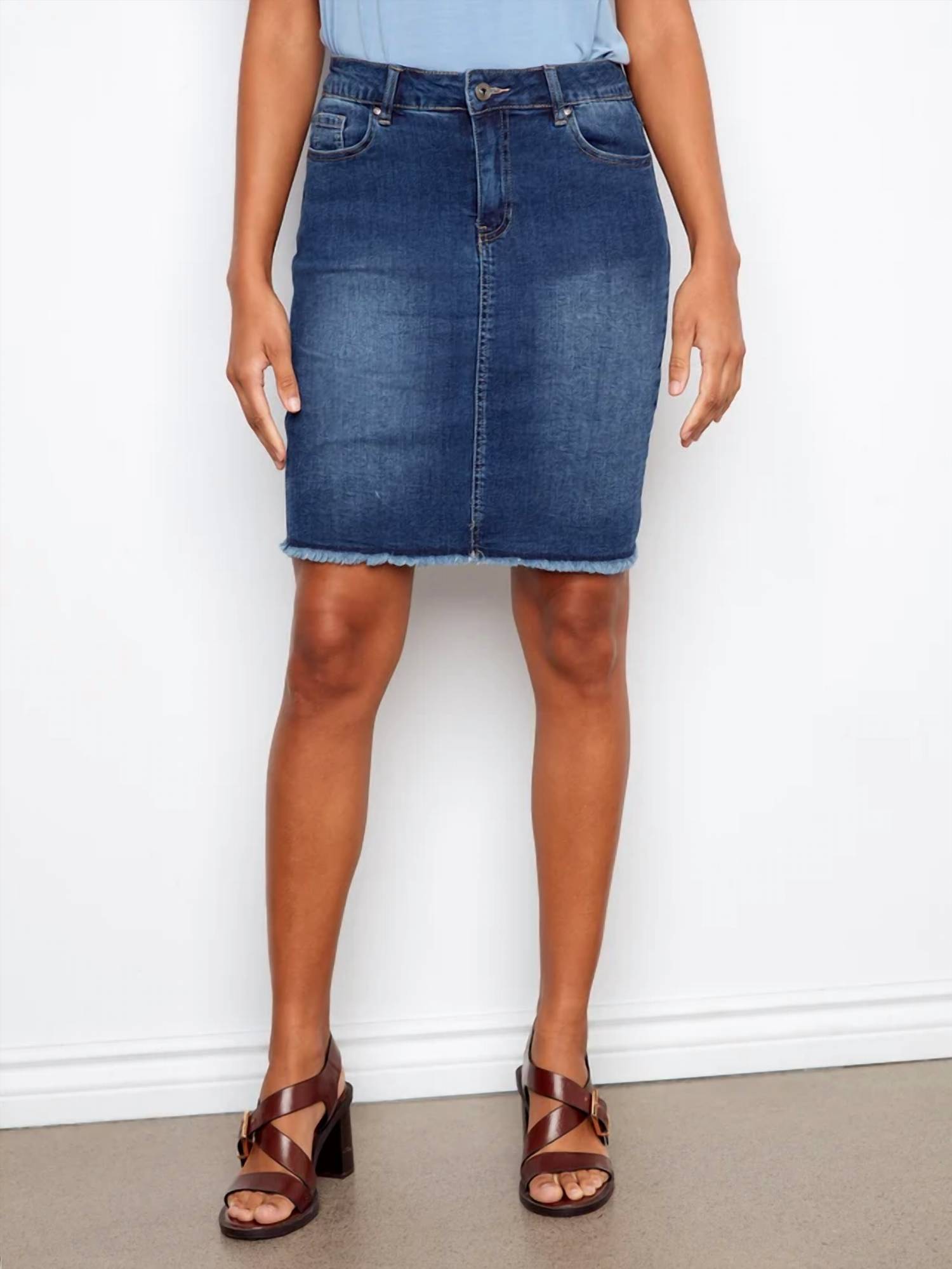 Charlie B - Stretch Denim Skort With Frayed Hem
