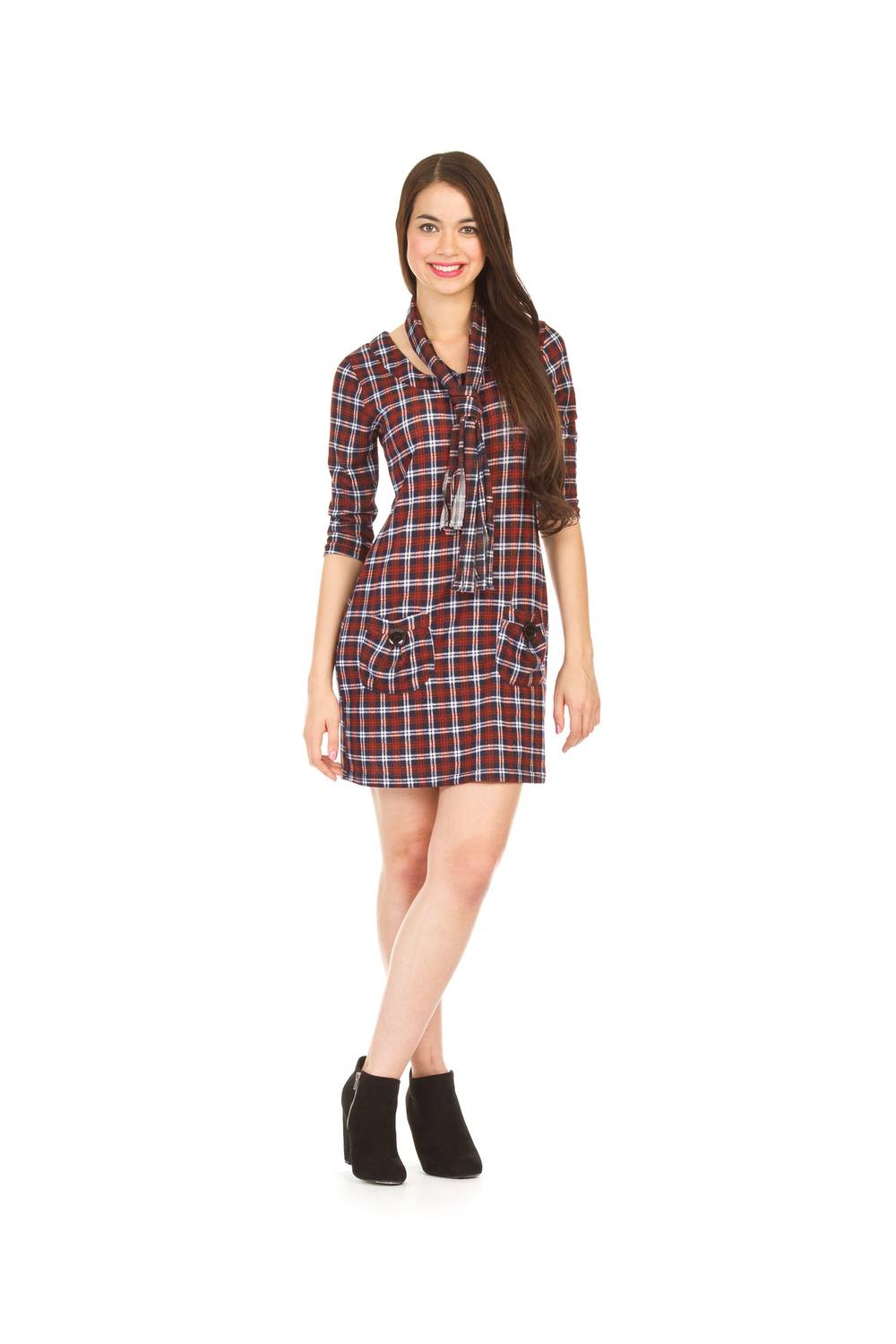 Papillon - Plaid 3/4 Sleeve Dress With Pockets & Scarf