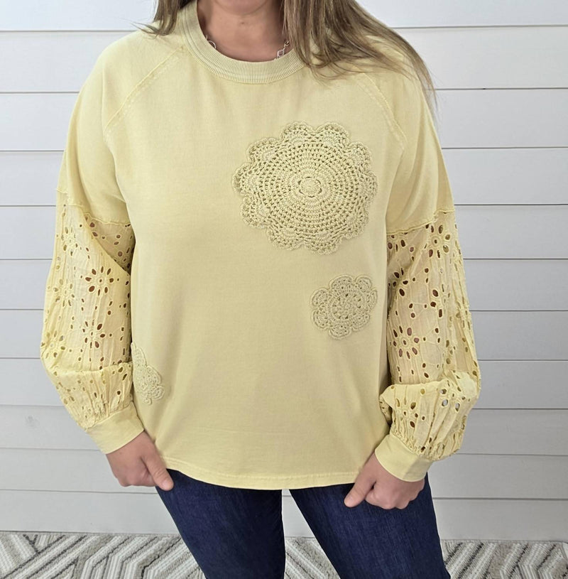 Easel Straw Eyelet Lace Contrast Knit Top in yellow - women's long sleeve top