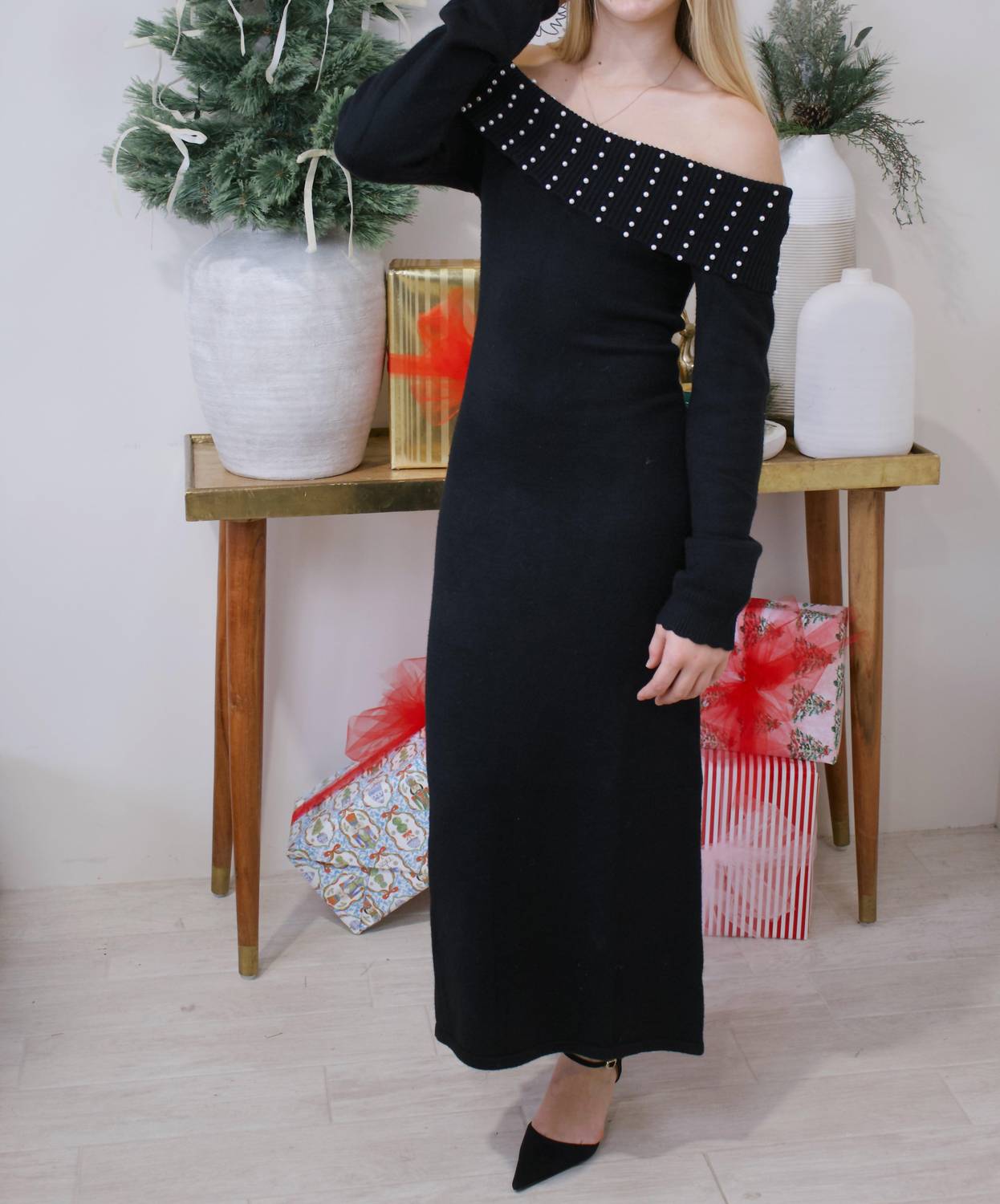 ABLE Knit Pearl Maxi Dress in black - women's dress