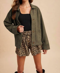 AnnieWear Structured Collar & Cuffs Suede Jacket in olive - women's jacket