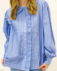 Karlie - Stripe Poplin Ruffle Collar Pleat Top