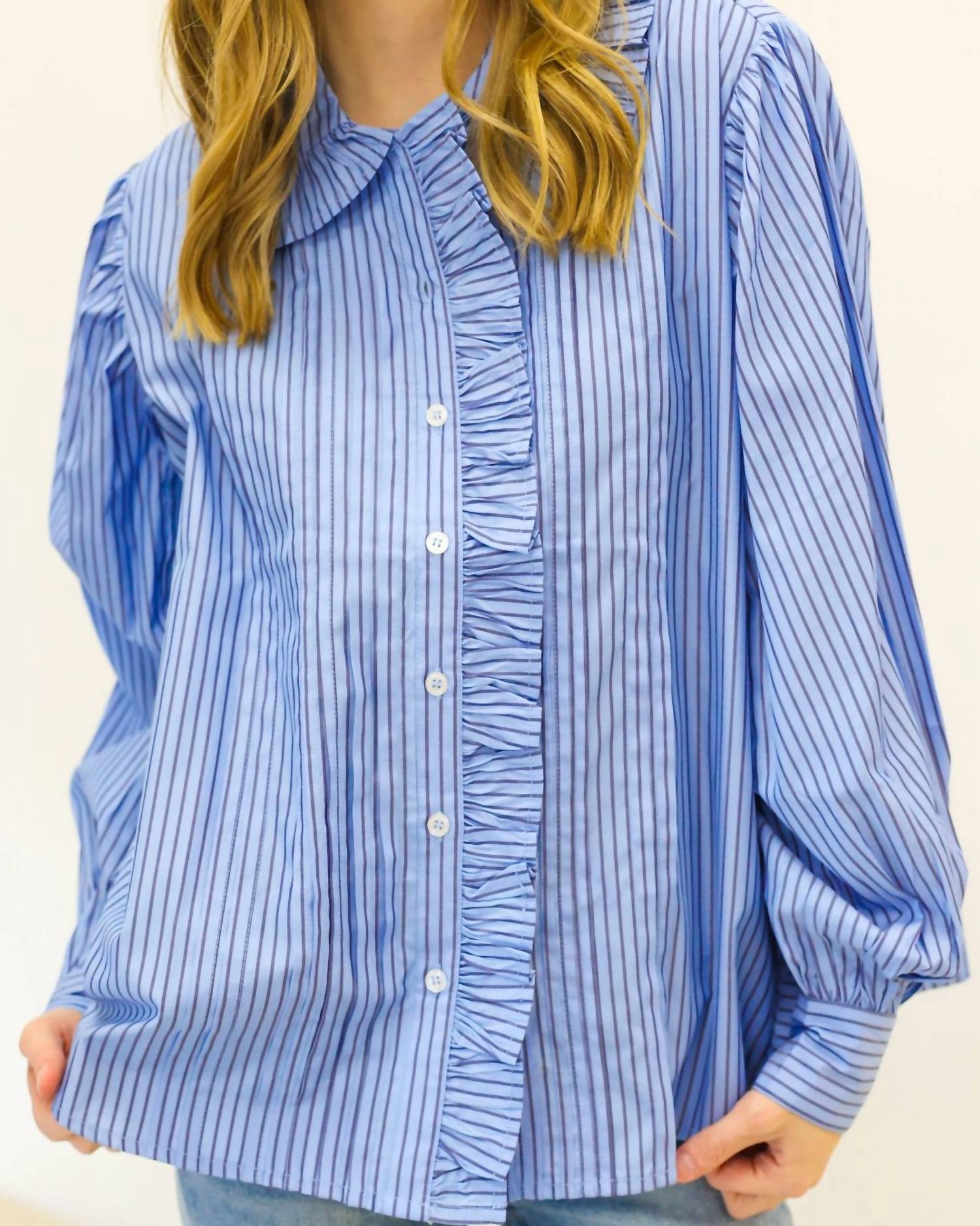 Karlie - Stripe Poplin Ruffle Collar Pleat Top