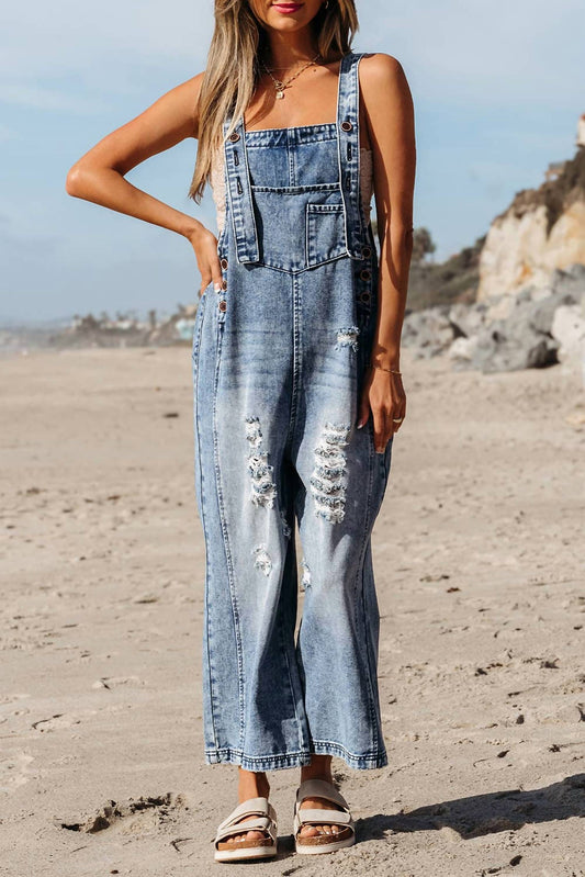Little Daisy Closet - Distressed Bib Pocket Wide Leg Denim Overall