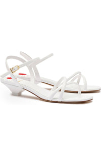 Larroude Women's Charlotte Strappy Patent Leather Kitten Heel Sandals in white - women's sandal - detail view