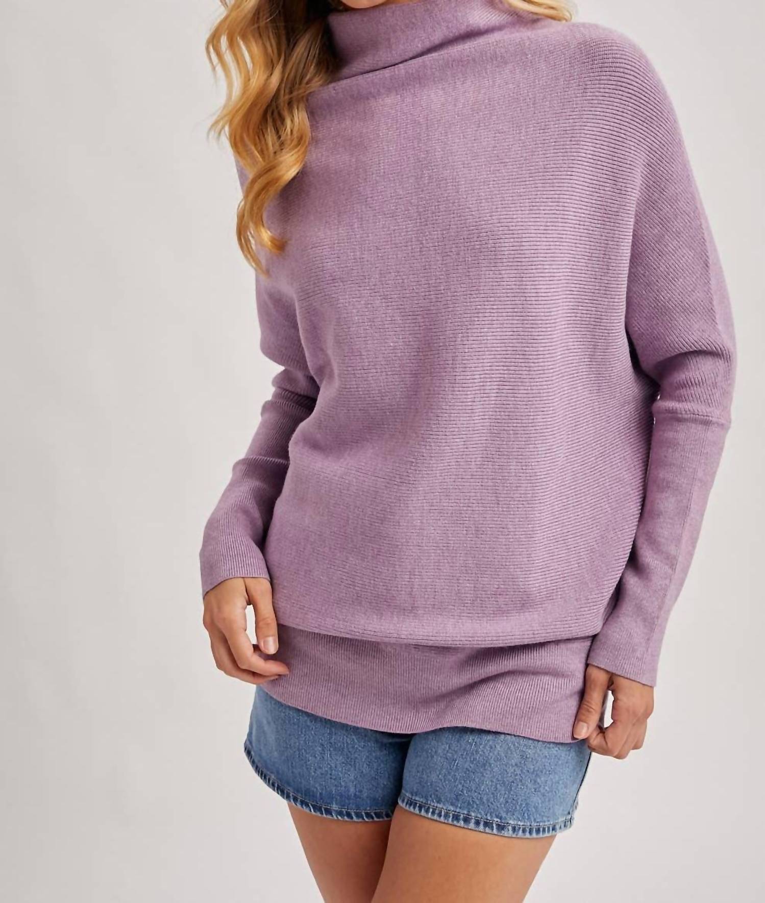 BluIvy Slouch Neck Dolman Sleeved Pullover Sweater in lavender - women's sweater - detail view