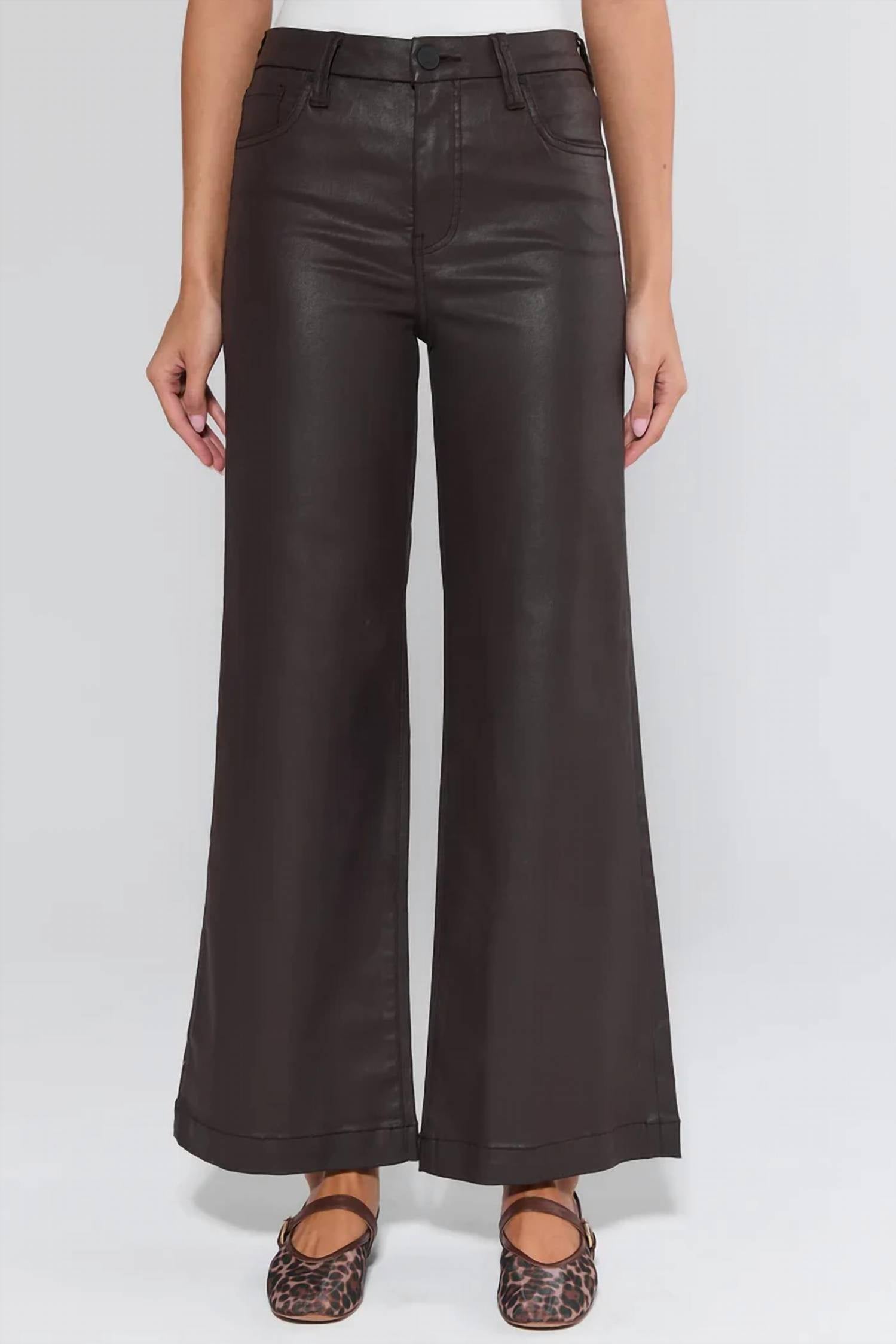 KUT FROM THE KLOTH Meg High Rise Wide Leg Coated Canvas Pants in chocolate 1 - women's pants