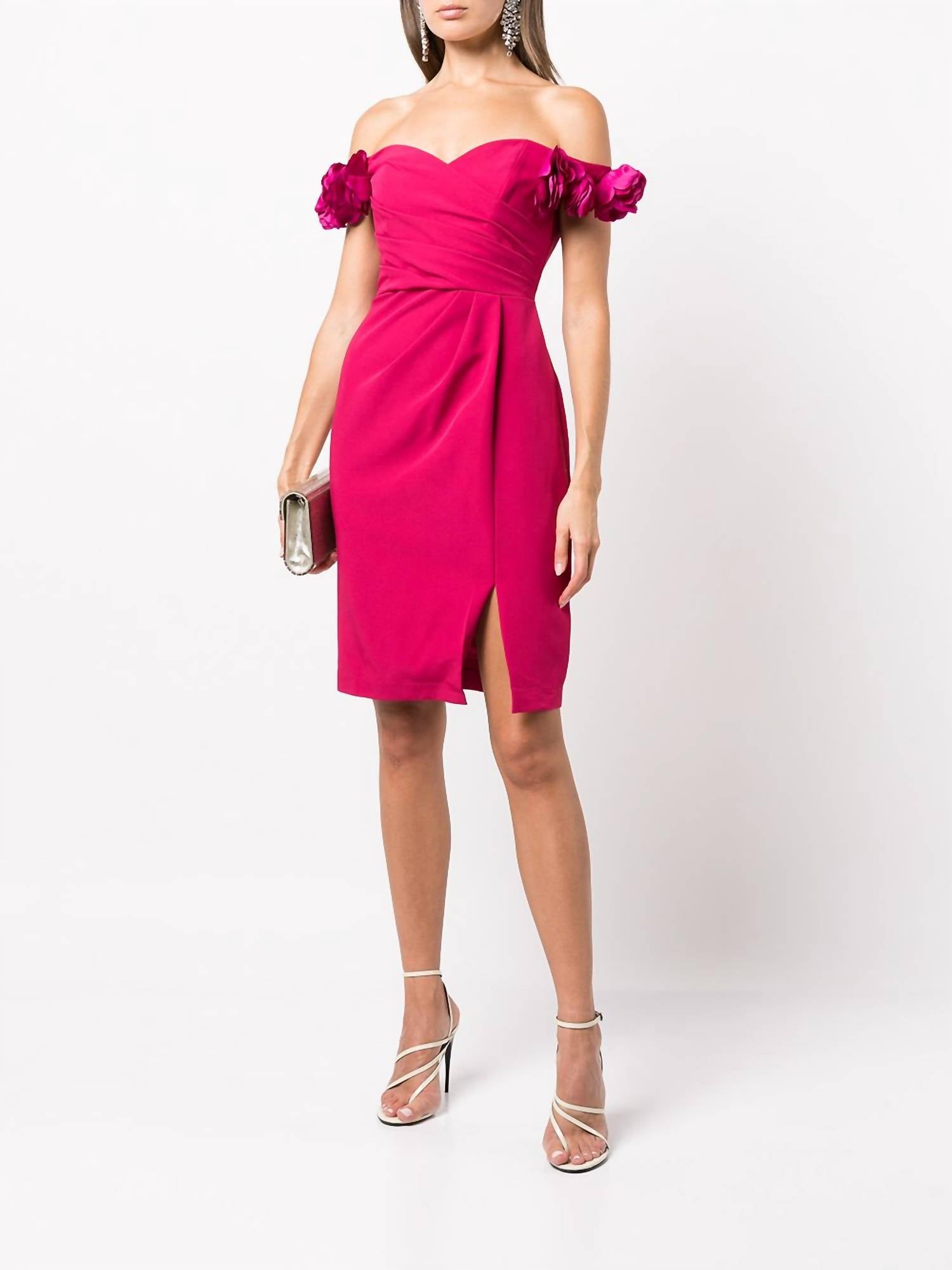 OFF SHOULDER DRAPED COCKTAIL DRESS