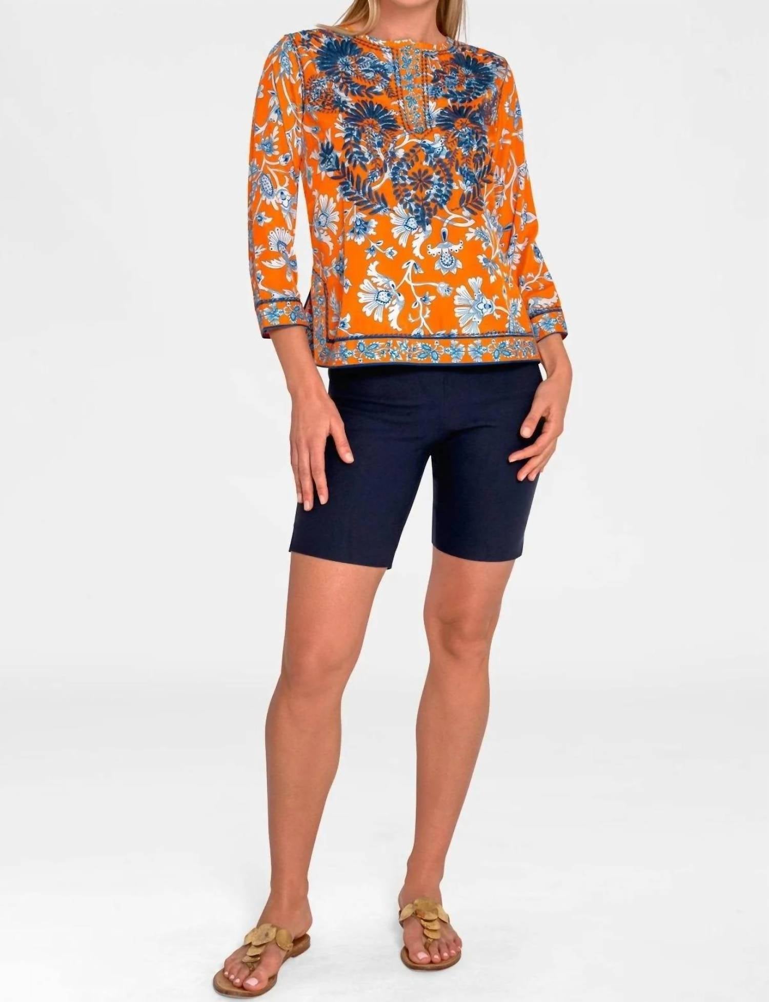 GRETCHEN SCOTT Silk Embroidered Tunic in orange - women's shirt - detail view