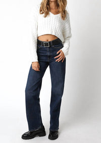 Olivaceous - V-neck Cable Crop Sweater